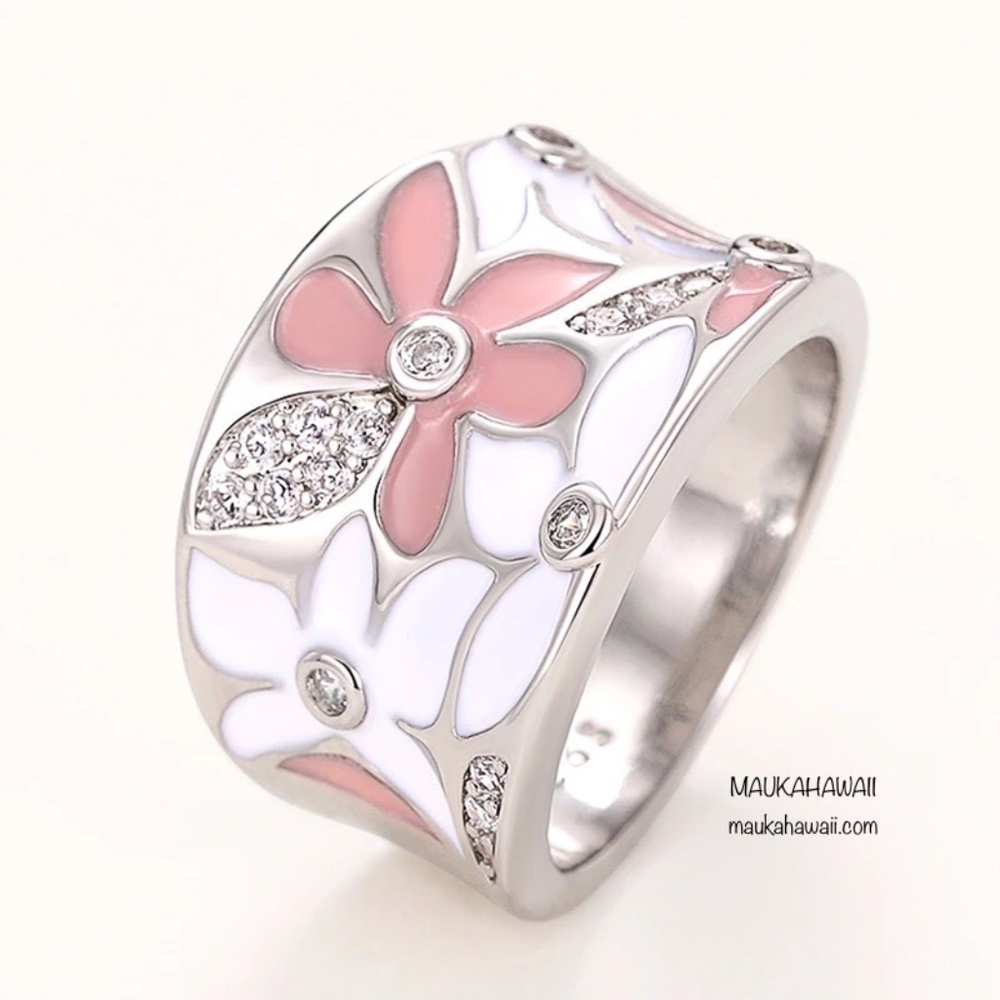 White & Pink Enamel Cubic Zirconia Pave Flower Power Ring Sizes 7 8 9 10 New!